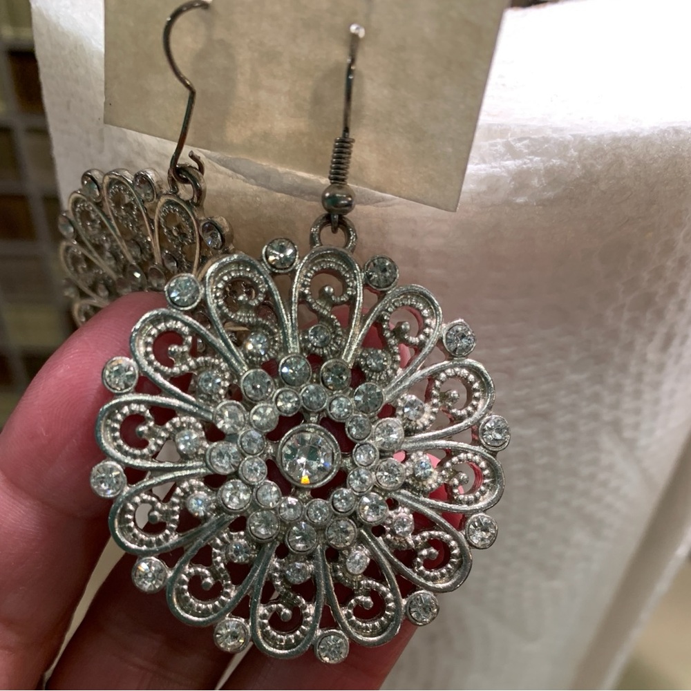 Vintage Crystal Filigree Floral Statement Dangle Earrings Silver - Picture 4 of 6